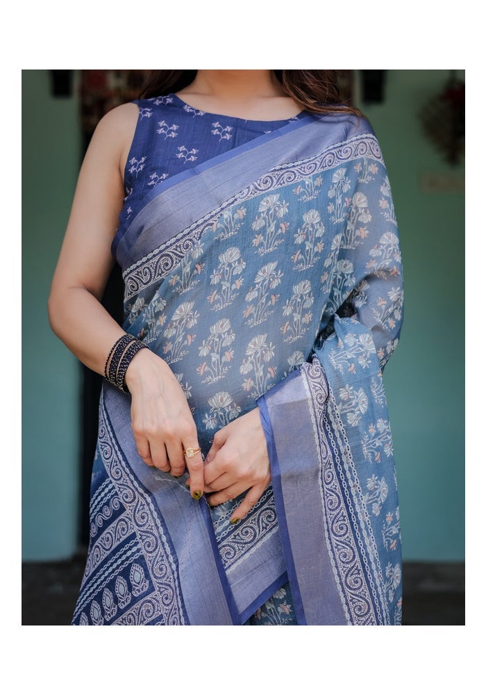 Malishka Export Floral Blue Linen Cotton Saree for Women - Image 4